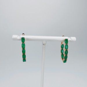 Emerald Green Elongated Hoop Earrings Rose Gold Plated